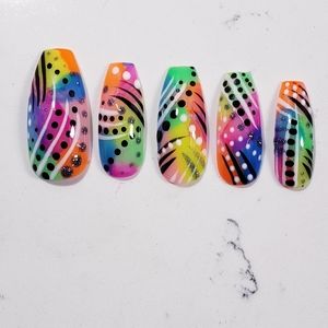 Custom gel Press on Nails Handmade 10 pc set 90s retro throw back colorful
